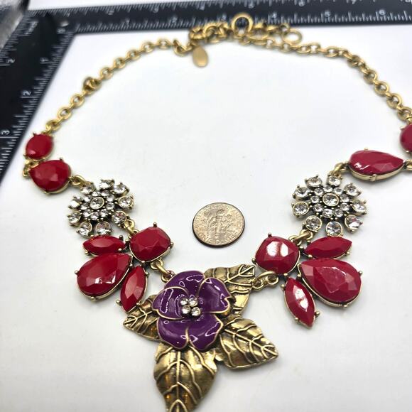 Floral Necklace The Delta Box Statement Red Purple Rhinestone Gold Tone Bib - Picture 6 of 9